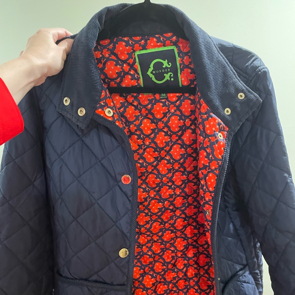 Navy C. Wonder quilted jacket, red interior. Good used condition